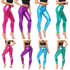 Women Faux Leather Leggings Shiny Metallic High Waist Pants Trousers Clubwear