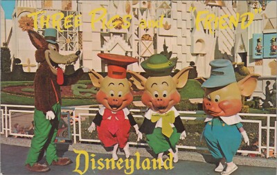MR ALE Vtg 1960s Disneyland Postcard Three Pigs and Friends Wolf UNP B2523