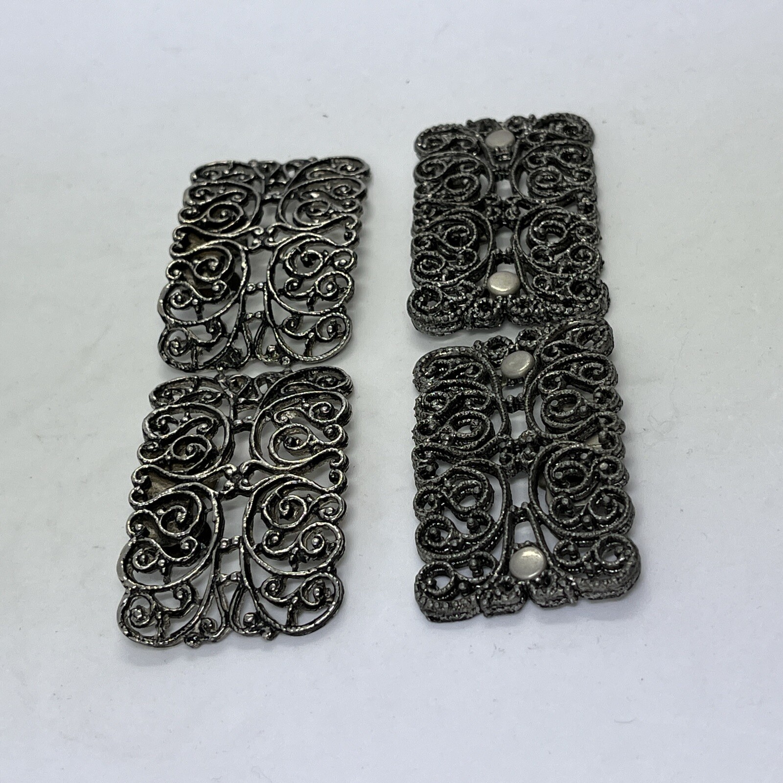 Vintage Silver Tone Ornate Shoe Clips Buckle Metal Pair Rectangle Set Of 2