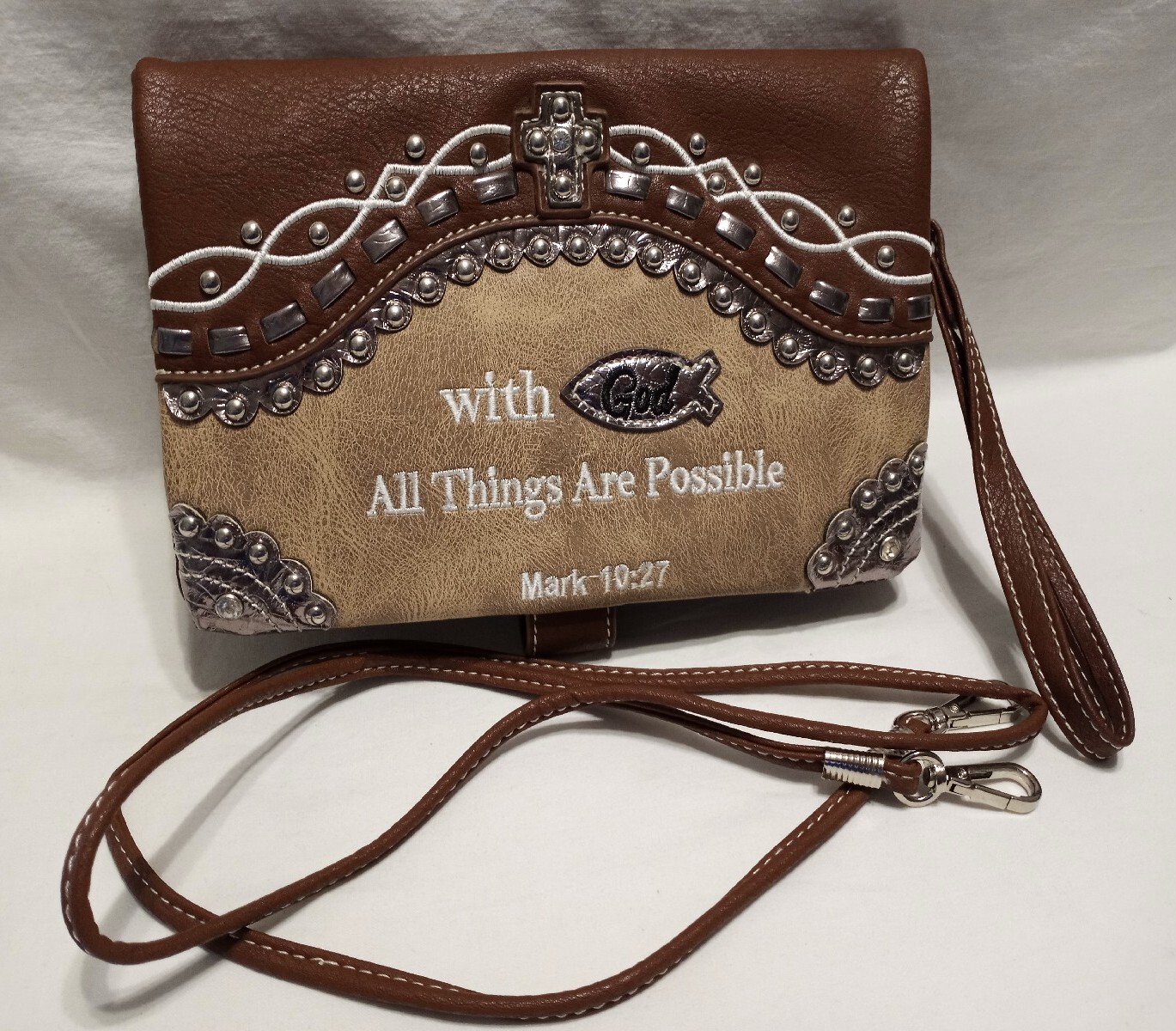 Cowgirl Trendy Brown Silver Studded Bling Wallet Wristlet Crossbody Bag With God-image