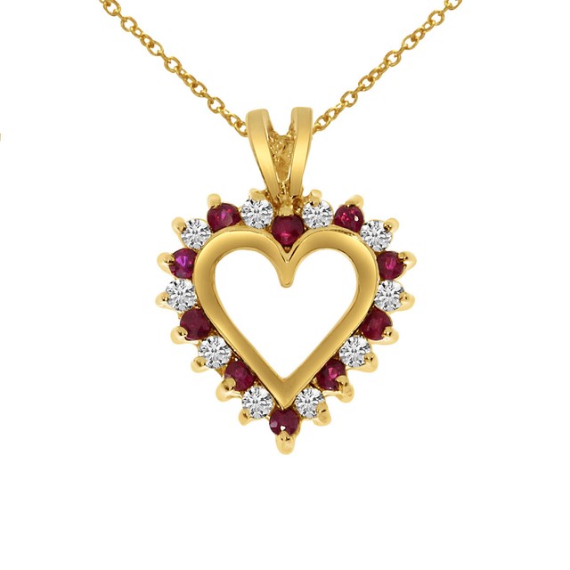 14k Yellow Gold Ruby and Diamond Heart Shaped Pendant with 18" Chain | eBay