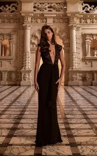 PLT LABEL BLACK LACE EXTREME SHOULDER PLUNGE RUCHED SLINKY MAXI DRESS