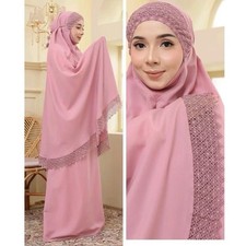 Prayer Clothes for Muslim Women - 2 Pcs Dress Headscarf Set with Lace