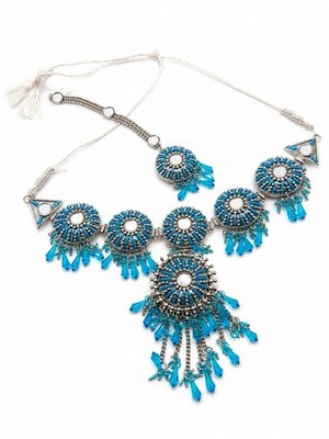 Boho Blue Beaded Bib Necklace Set Statement Necklace Headpiece Festival Jewelry