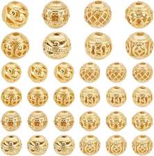 32Pcs Golden round Beads, 18K Gold Plated Alloy Hollow Filigree Metal Spacer Bea