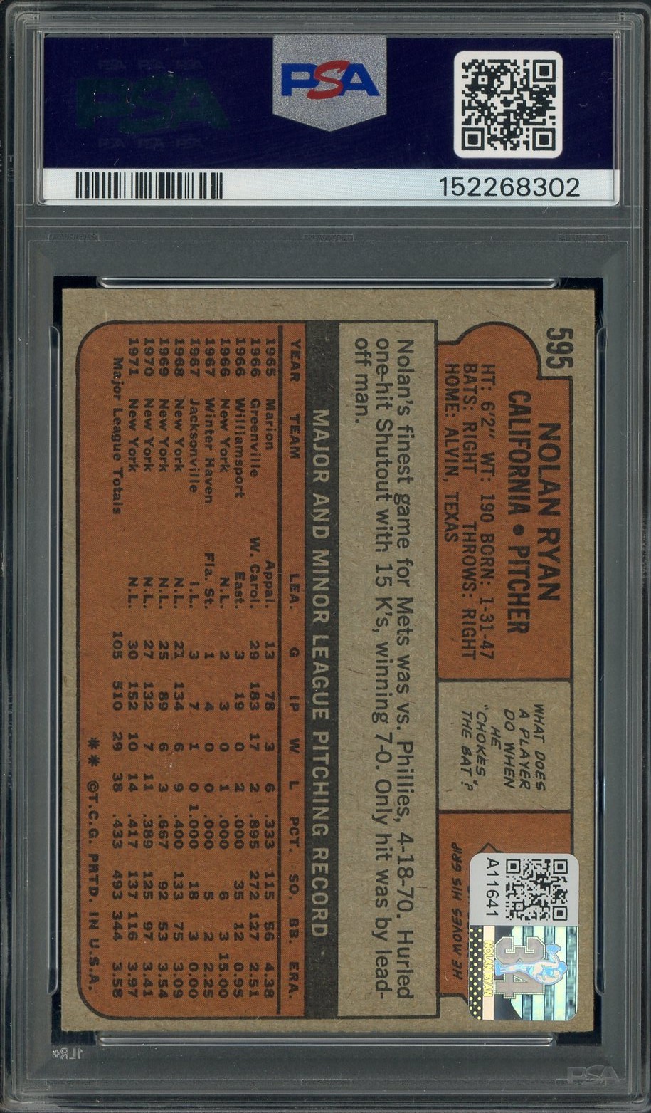 1972 Topps #595 Nolan Ryan Angels HOF PSA 6 PSA/DNA 10 AUTO view 2