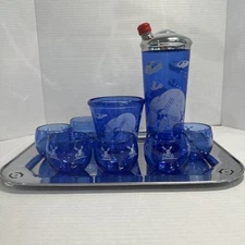 Vintage Hazel Atlas Cobalt Blue Windmill Cocktail Shaker ice bucket 6 glasses