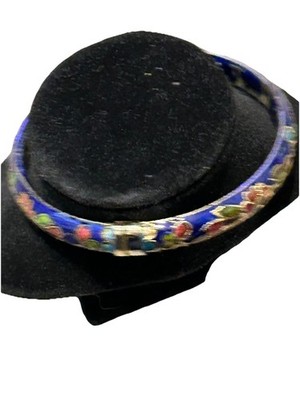 Vintage BRASS & ENAMEL BLUE CLOISONNE FLORAL PATTERN HEAVY BANGLE