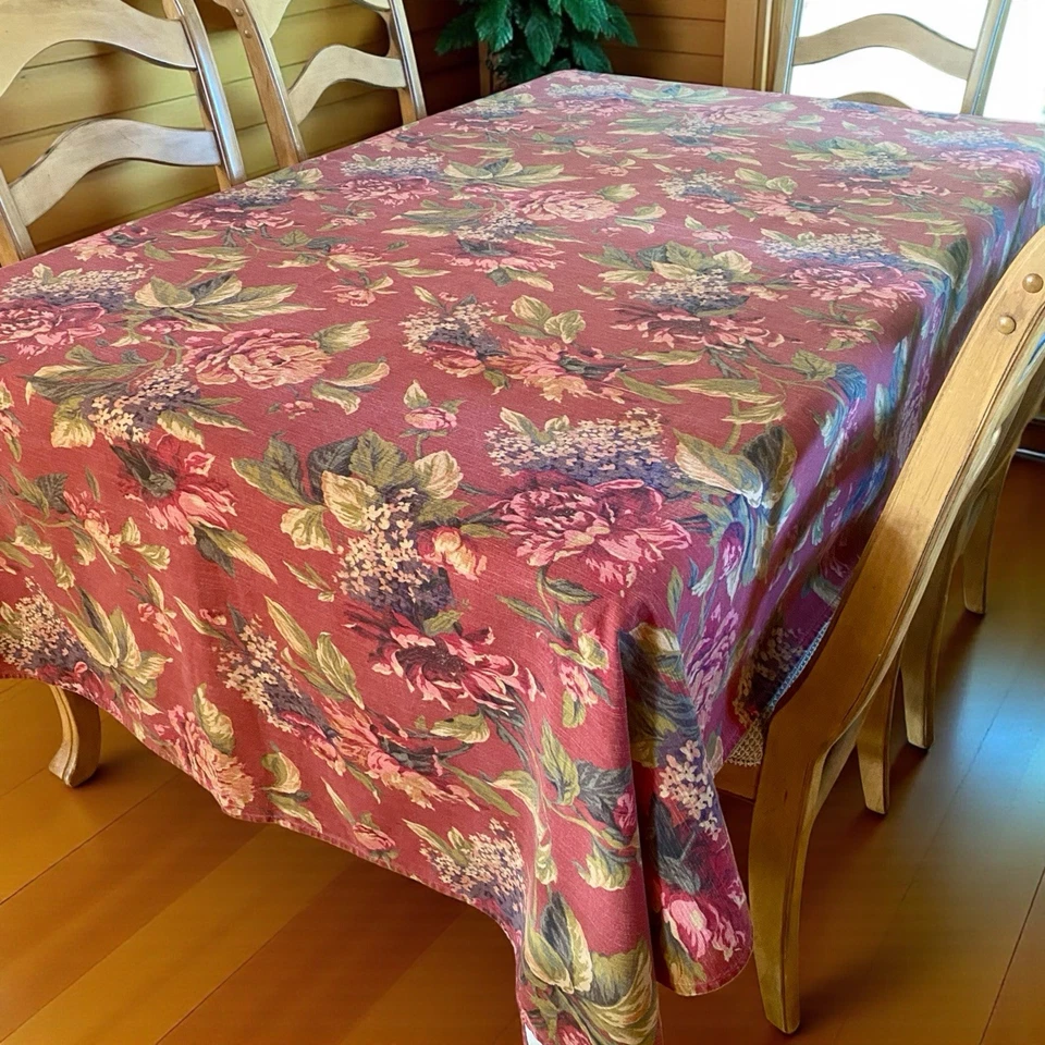 Vintage Croscill Serena Fabric Floral TABLECLOTH  Rectangle 64” X 94” Red Wine - Image 3 of 4