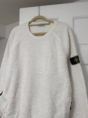 Stone Island White Knit Sweater XL Logo Patch Zippered Pockets Teddy Sherpa