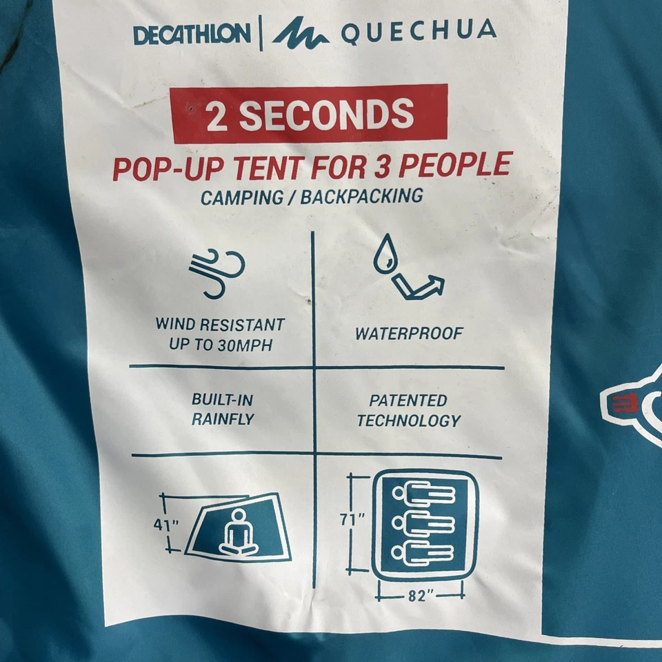 Decathlon Quechua 2 Seconds Pop-Up Camping Backpacking Tent For 3 People - NEW! - Image 3 of 4