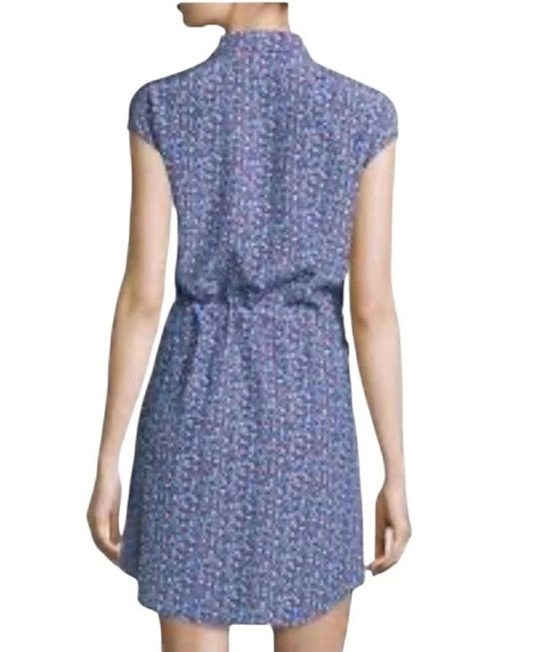 Nuovo abito Tory Burch Gigi seta bluastro viola stampa geometrica cravatta cintura taglia 8