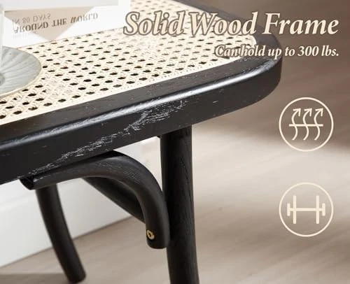 Black Rattan Ottoman Bench with Wood Legs – Retro Dining & Hallway Seat - Image 2 of 4
