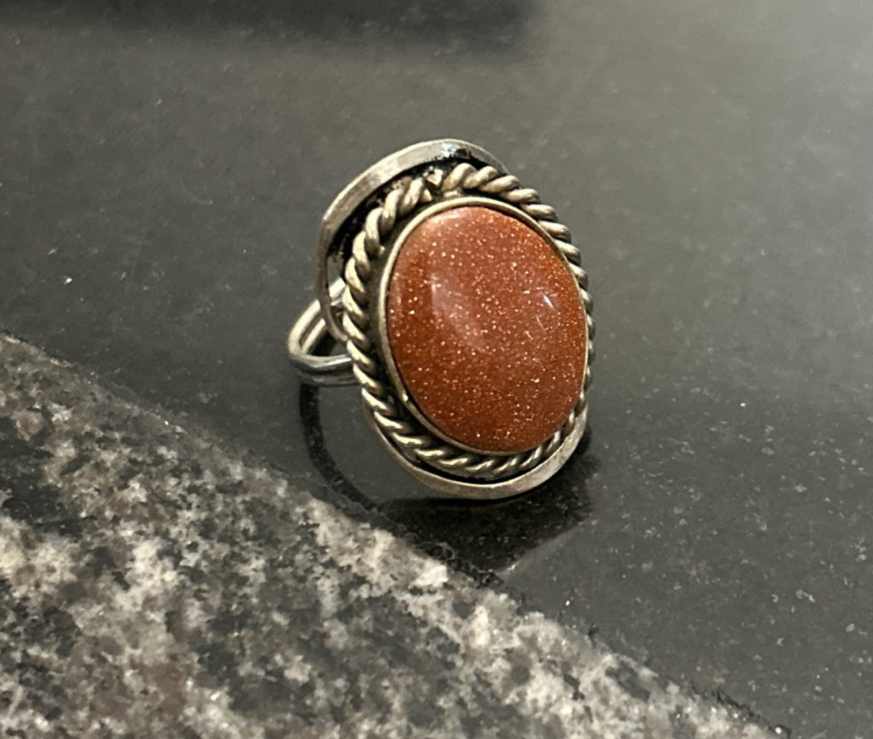 Ring Adjustable Size Orange Glitter Sandstone Ova… - image 3