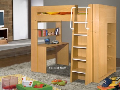 London Beech Wooden High Sleeper Bed With Desk Wardrobe New