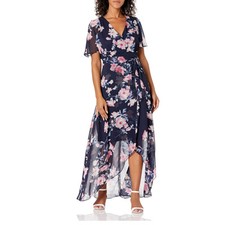 Jessica Howard Size 6 Blue Pink Floral Slit Sleeve Chiffon Dress High Low B49