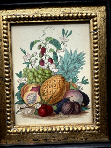 VINTAGE ANTIQUE FRAMED WATERCOLOURED PRINT. PINEAPPLE AND FRUITS - Picture 2 of 7