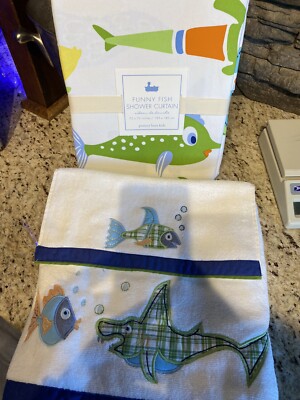 Pottery Barn Kids White Colorful Fish Shower And Towel Set New!
