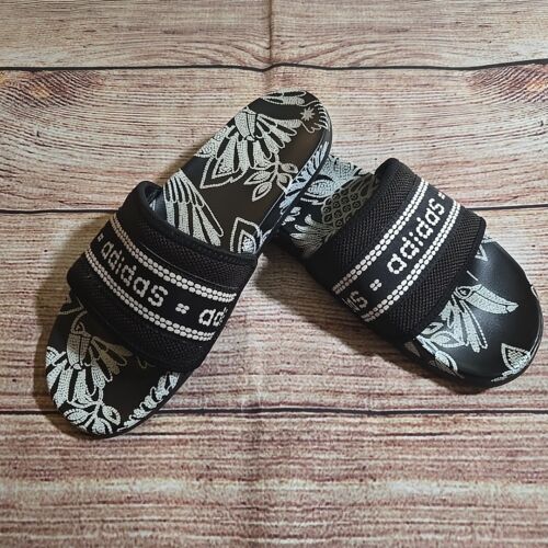 Adidas Damen Adilette Komfort Sandalen Pantoletten schwarz/weiß geblümt Größe 10