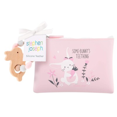 Stephen Joseph Baby Age Girl 0+ Pink Bunny Silicone Teether And Pouch