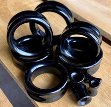 PAIR Black Agate Organic Stone Tunnels Double Flare Plugs Earlets Gauges