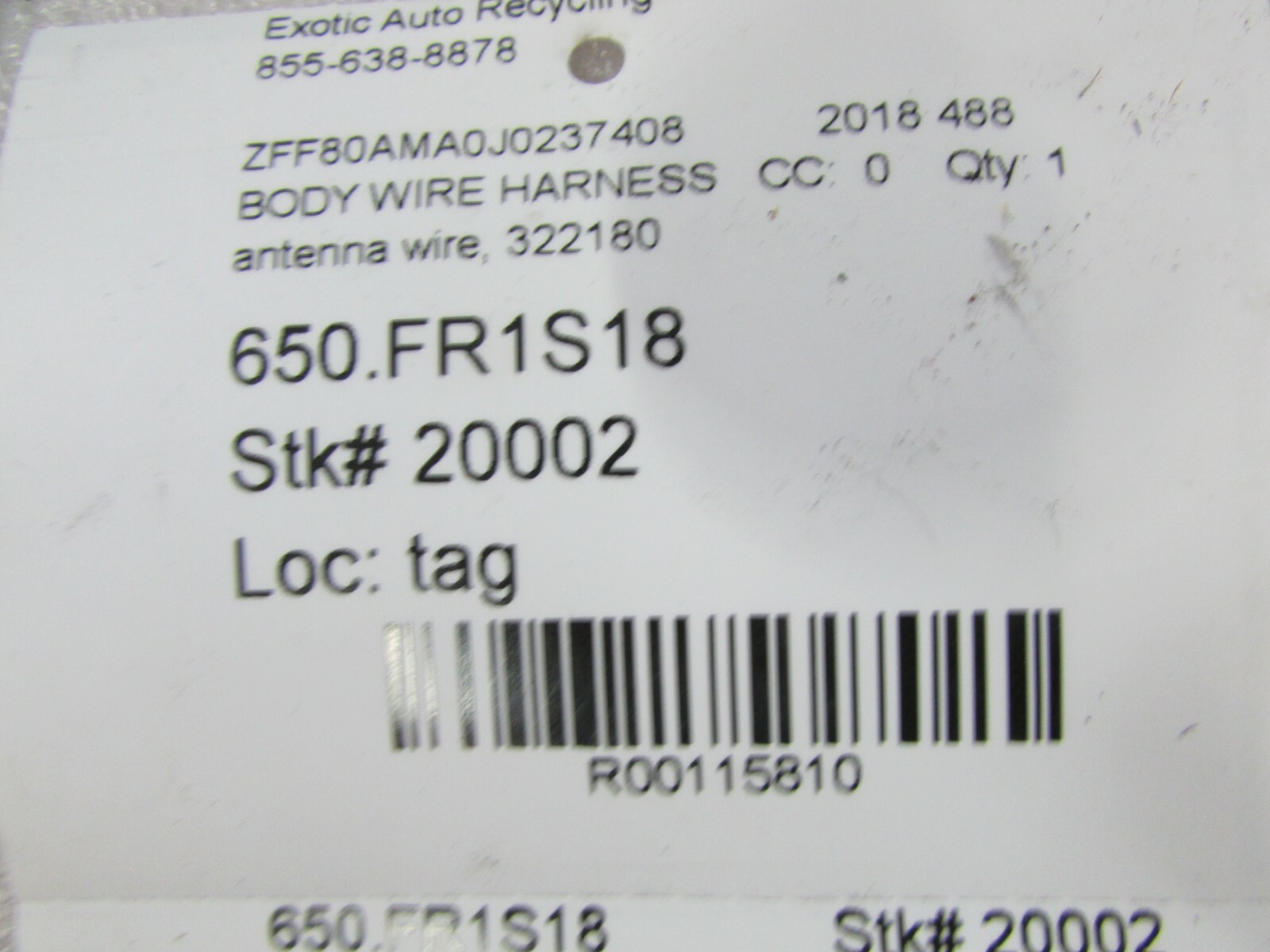 Ferrari 488 Spider, SDARS / Satellite Radio Wire Harness, Used, P/N 322180