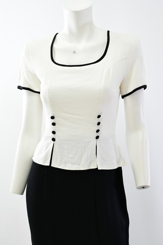 80s Vintage Black & White Peplum Waist Square Neck Dress Brioche - Picture 4 of 7