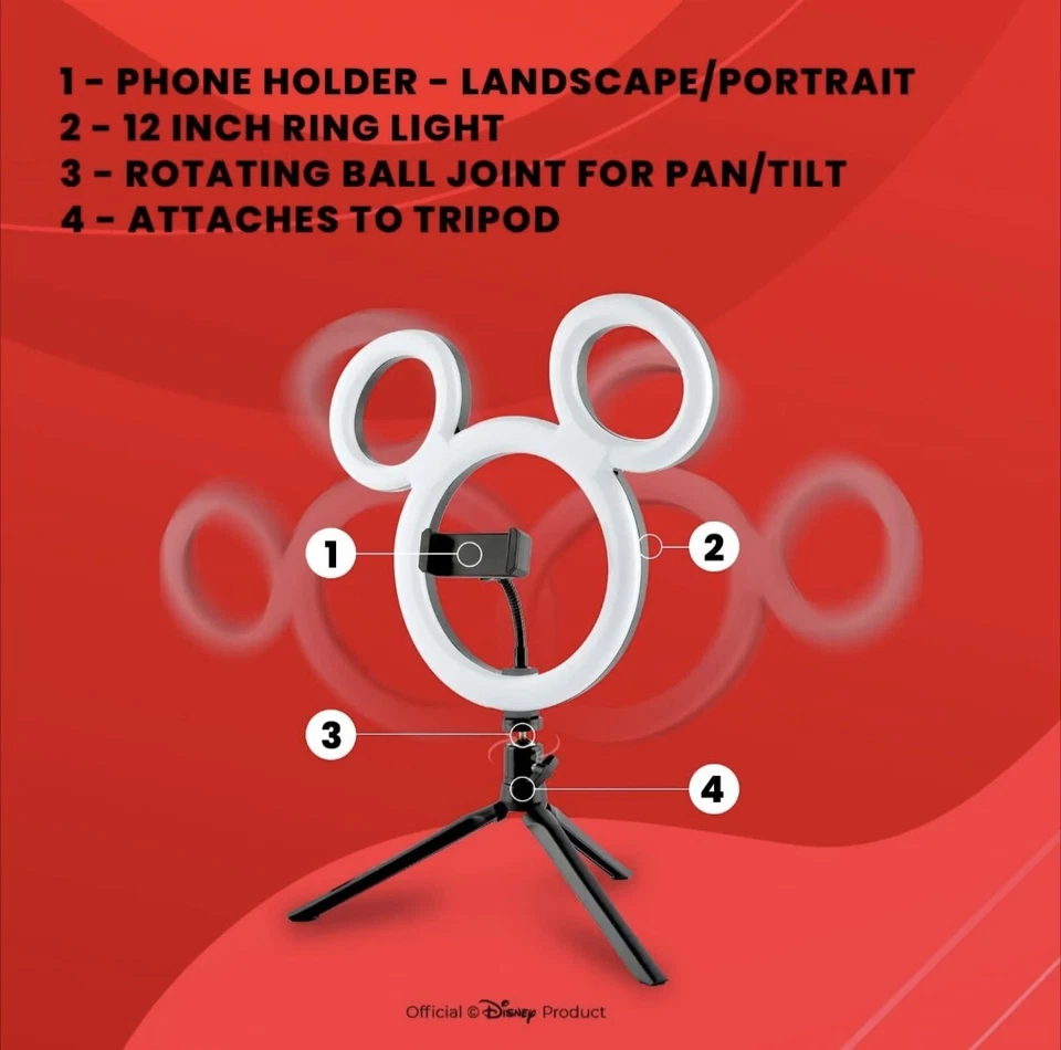 Pack Of 2!! Disney Mickey Mouse 12 In LED Ring Light Tripod Phone Holder Selfie - Image 3 of 4