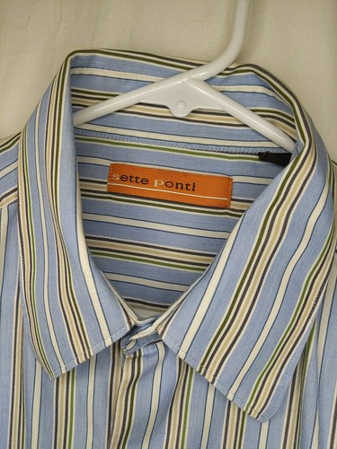 Sette Ponti Men Shirt Lg Button up Navy Stripe LS Tan Brown Blue - Picture 2 of 12