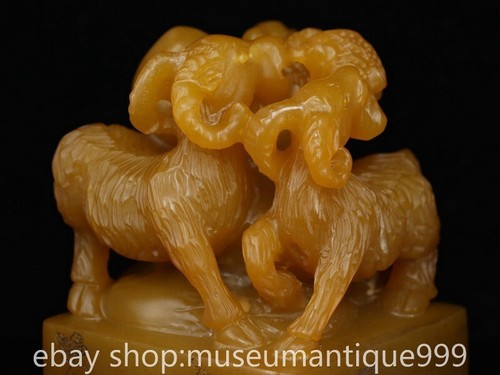 5.2" Chinese Tianhuang Shoushan stone Carving Animal Sheep “三阳开泰” Seal Signet - Picture 8 of 9