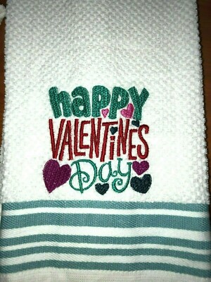 Embroidered Striped Kitchen Hand Towel HAPPY VALENTINE'S DAY w Hearts BS2286