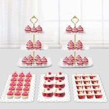Elegant 3 Tier Cupcake Stand with White Plates and Gold Metal Rods