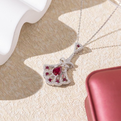 Lab Created Red Ruby Skirt Pendant Necklace Chain 925 Sterling Silver Girl Gift - Picture 3 of 8