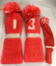 Vintage Knit Headcovers 1  3  W/ Pom Poms  Bonus  Red  White