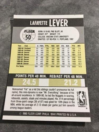 Lafayette Lever Mavericks 1990-91 Fleer #50 - Picture 2 of 2