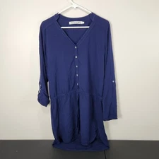 Michael Stars Womens V-Neck Button Up Shirt Dress Blue Size L Tie Waist 