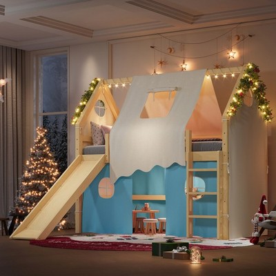 Twin/Full Size Solid Wood Loft Bed Frame with Sills,Tents,Ladders,Slide,Lights
