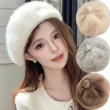 Women's Faux Mink Beret Classic Solid Color Winter Hat Fashion Headpiece
