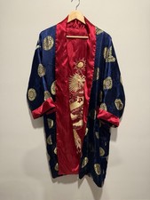 Vintage Asian Dragon Embroidered Satin Kimono Robe Red Blue Lounge