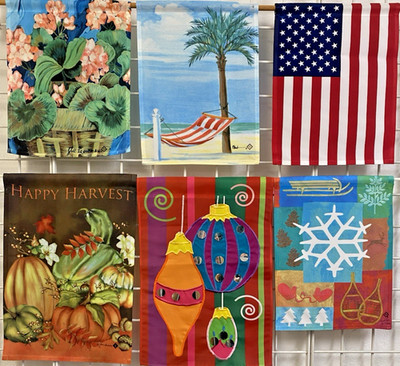 NEW Lot of 6 Garden Flags, Flag, Two Sizes, Four Seasons! US, Bird, Holidays