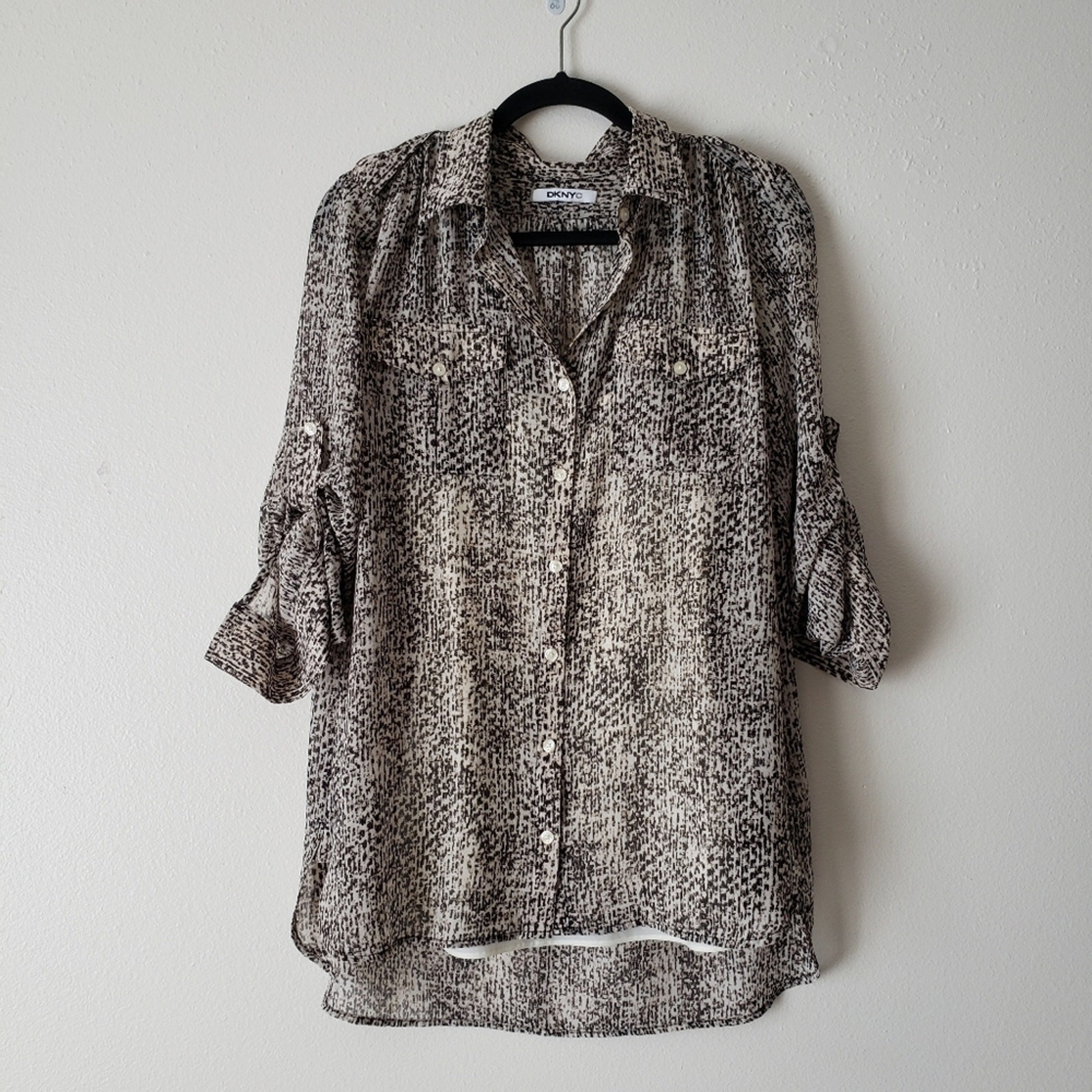 DKNYC Patterned Button Down Blouse with Built-In … - image 1