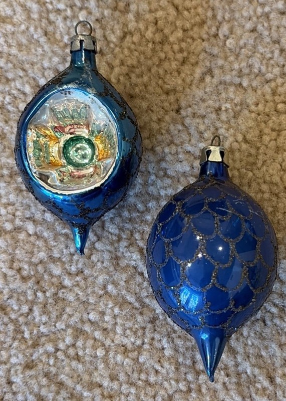 2 Antique Mercury Blue Glass Indent Teardrop Christmas Tree Ornament Mica Poland