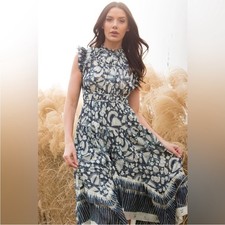 Ulla Johnson Amalia Dress Indigo Batik Print High Low Midi Dress Ruffle Size 10