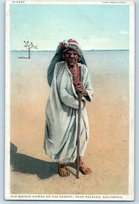 1920 Needles California Postcard Old Mojave Woman Desert Phostint Fred Harvey