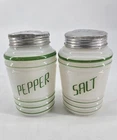 Vintage 40s Hazel Atlas Beehive Milk Glass Salt & Pepper Shakers Range Set Green