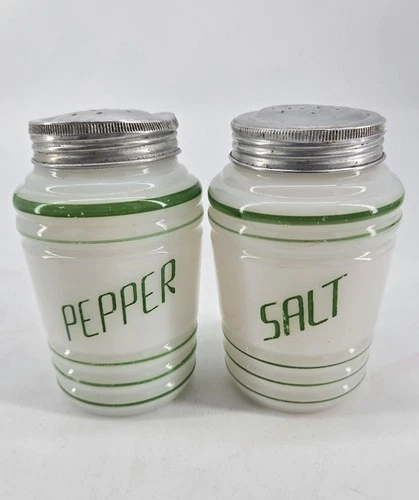 Vintage 40s Hazel Atlas Beehive Milk Glass Salt & Pepper Shakers Range Set Green