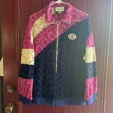  3.5K GUCCI Pink Floral Lace Intarsia Bomber Jacket Size Small