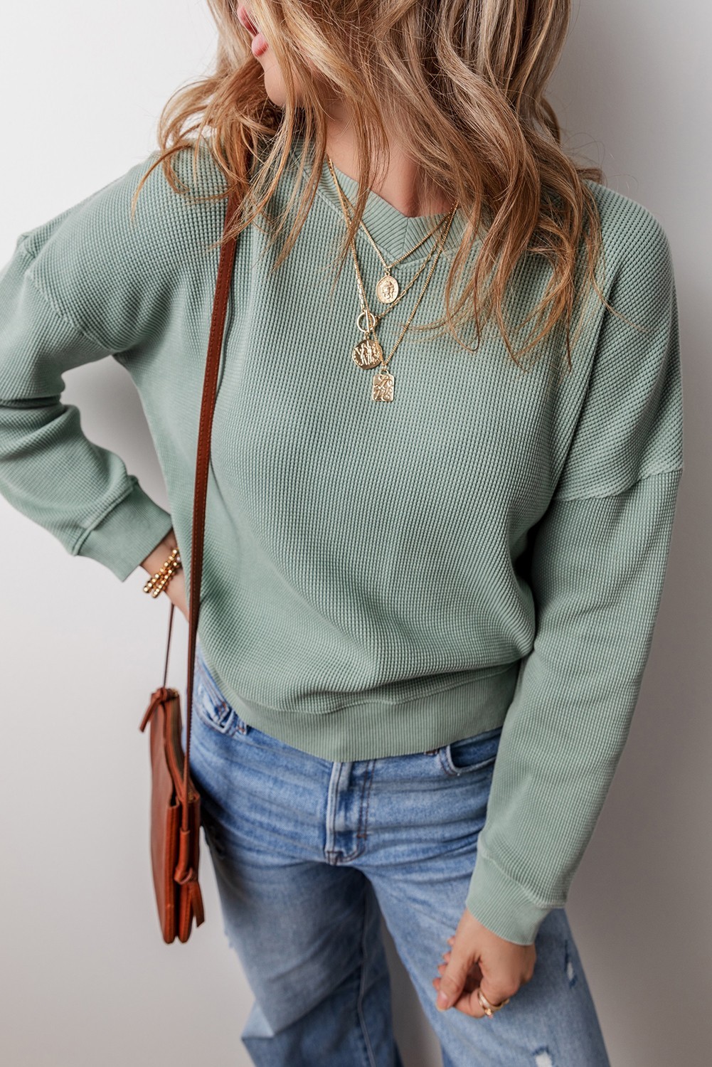Women's XL Green Waffle Knit Jumper V-Neck Drop Shoulder Casual Top UK 16 image 3