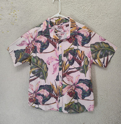 Original Paperbacks Men Shirt Large Pink Floral Print Linen Regular Button Down