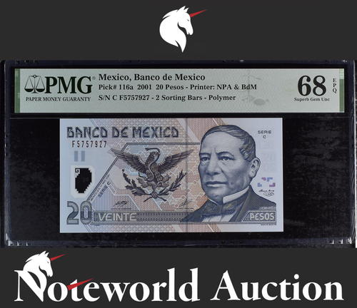Mexico Banco de Mexico 20 Pesos 2001 P 116a Polymer UNC PMG 68 EPQ 3rd TOP POP